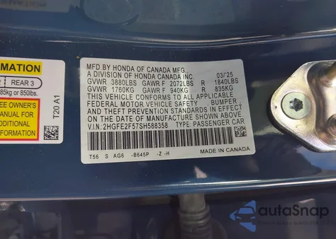 2025 Honda Civic Sport из США, поврежденный, VIN 2HGFE2F57SH588358